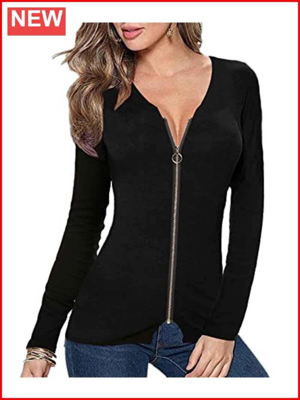 Women's V-Neck Zip Front Long Sleeve Casual Blouse Shirt Cardigan